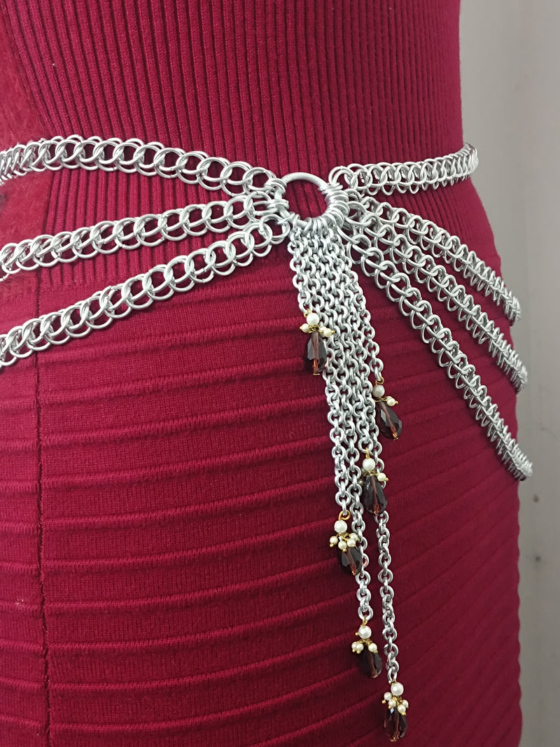 Handmade Chainmail Waist Belt – Gothic Body Jewelry, Fantasy Hip Chain with Beads, Belly Dance Festival Belt, Medieval Waist Accessory